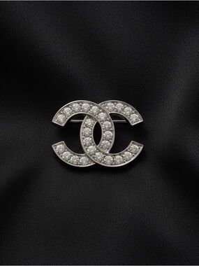 Silver Crystal Interlocking CC Brooch